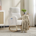 Modern Accent Rocking Chair Rocking Chair with Solid Wood Legs, Upholstered Nursery Glider Rocker, Comfy Armchair with Side Pocket, Living Room Lounge Arm Chair with High Backrest (white,teddy) - Grand Goldman Shop