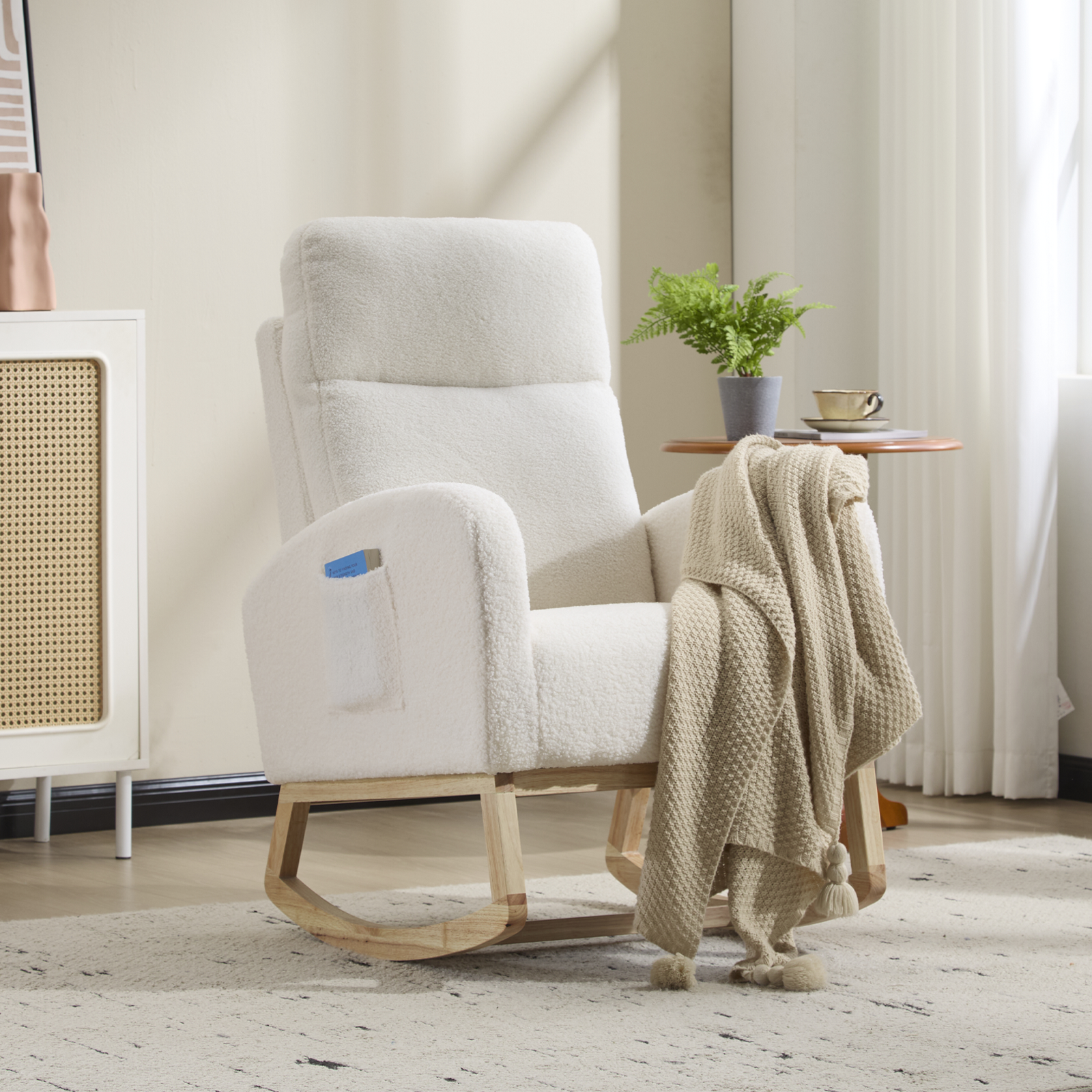 Modern Accent Rocking Chair Rocking Chair with Solid Wood Legs, Upholstered Nursery Glider Rocker, Comfy Armchair with Side Pocket, Living Room Lounge Arm Chair with High Backrest (white,teddy) - Grand Goldman Shop