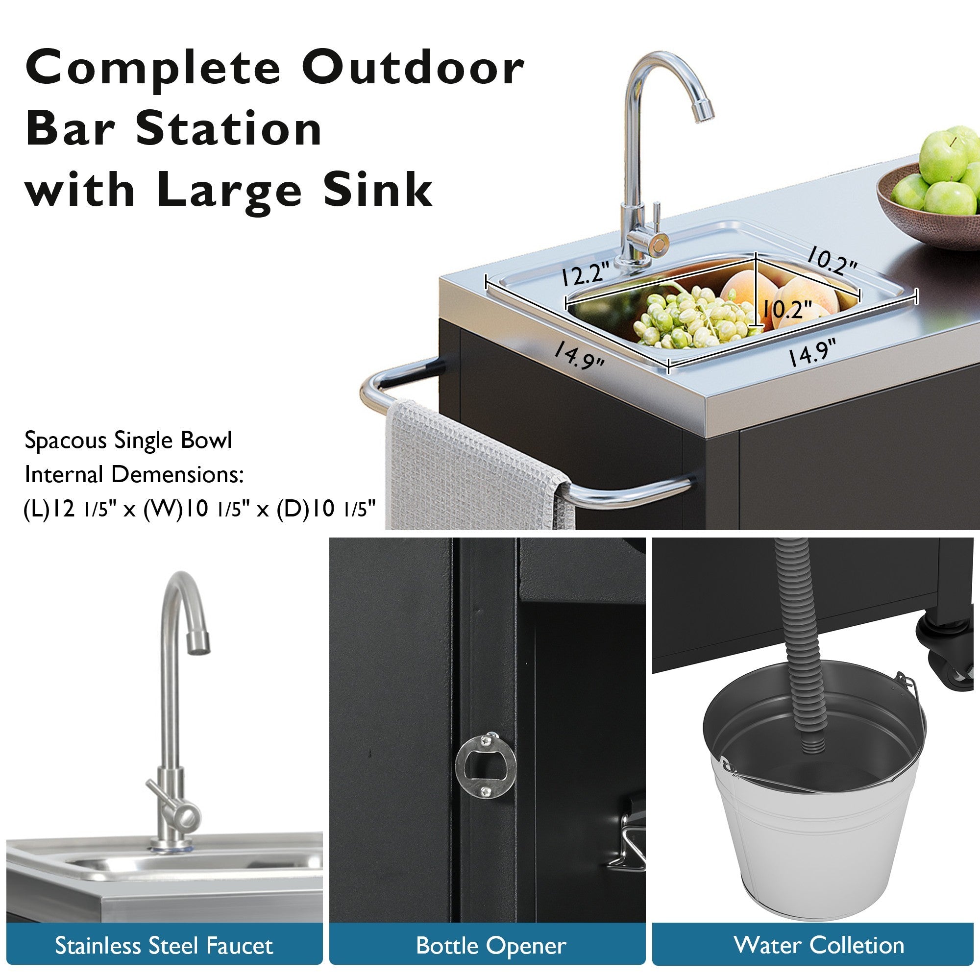 K&K 55.5' Outdoor Kitchen Island with Sink, Metal Grill Cart Table with 304 Stainless Steel Sink, Outdoor Bar Cart Sink Station with 4 Lockable Wheels for Pizza Prep & BBQ, L 55.5' x W 20' H 36.7' - Grand Goldman Shop