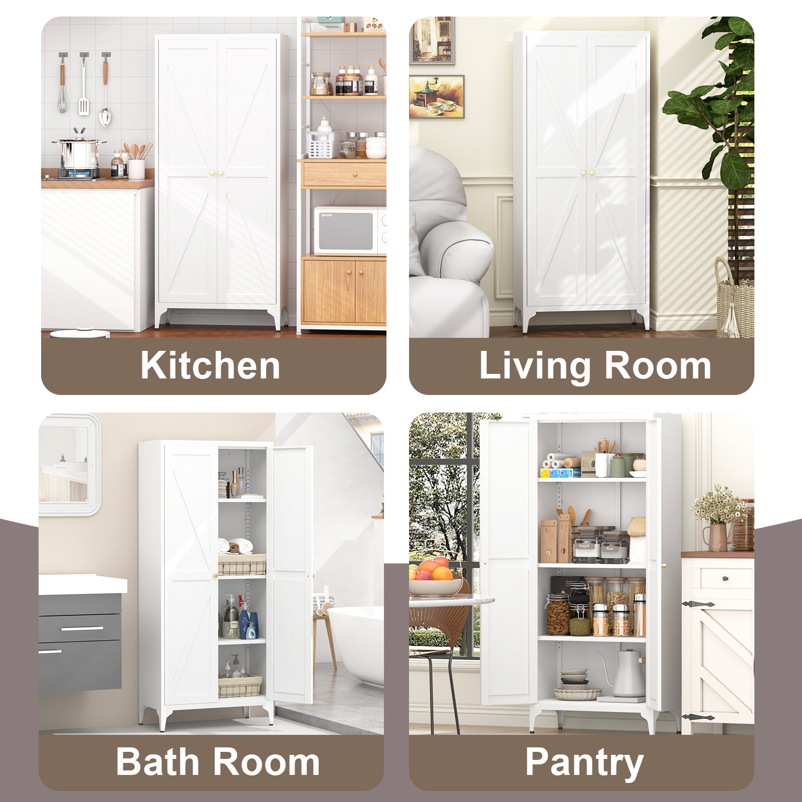 White Metal Adjustable 2-Door Storage Cabinet with Powder-Coated Steel, Striped Design, Gold Handles, 4 Adjustable Shelves fo