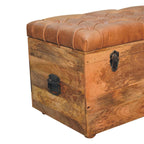 Solid Wood Buffalo Hide Oak-ish Storage Trunk, Leather Upholstered, Brown and Tan - Grand Goldman Shop
