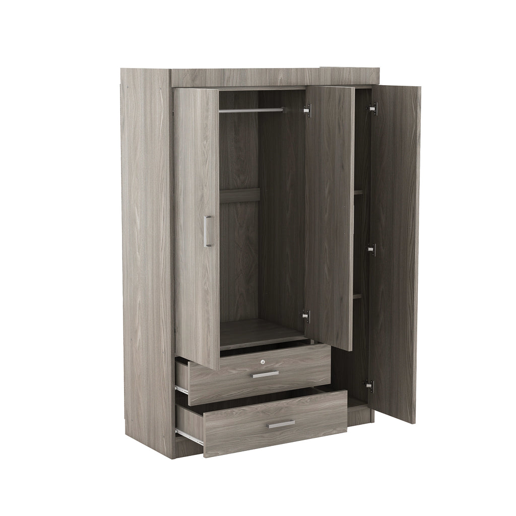 3-Door Wardrobe with 2 Drawers, Wood Grain Effect in Gray(OLD SKU:LP006001) - Grand Goldman Shop
