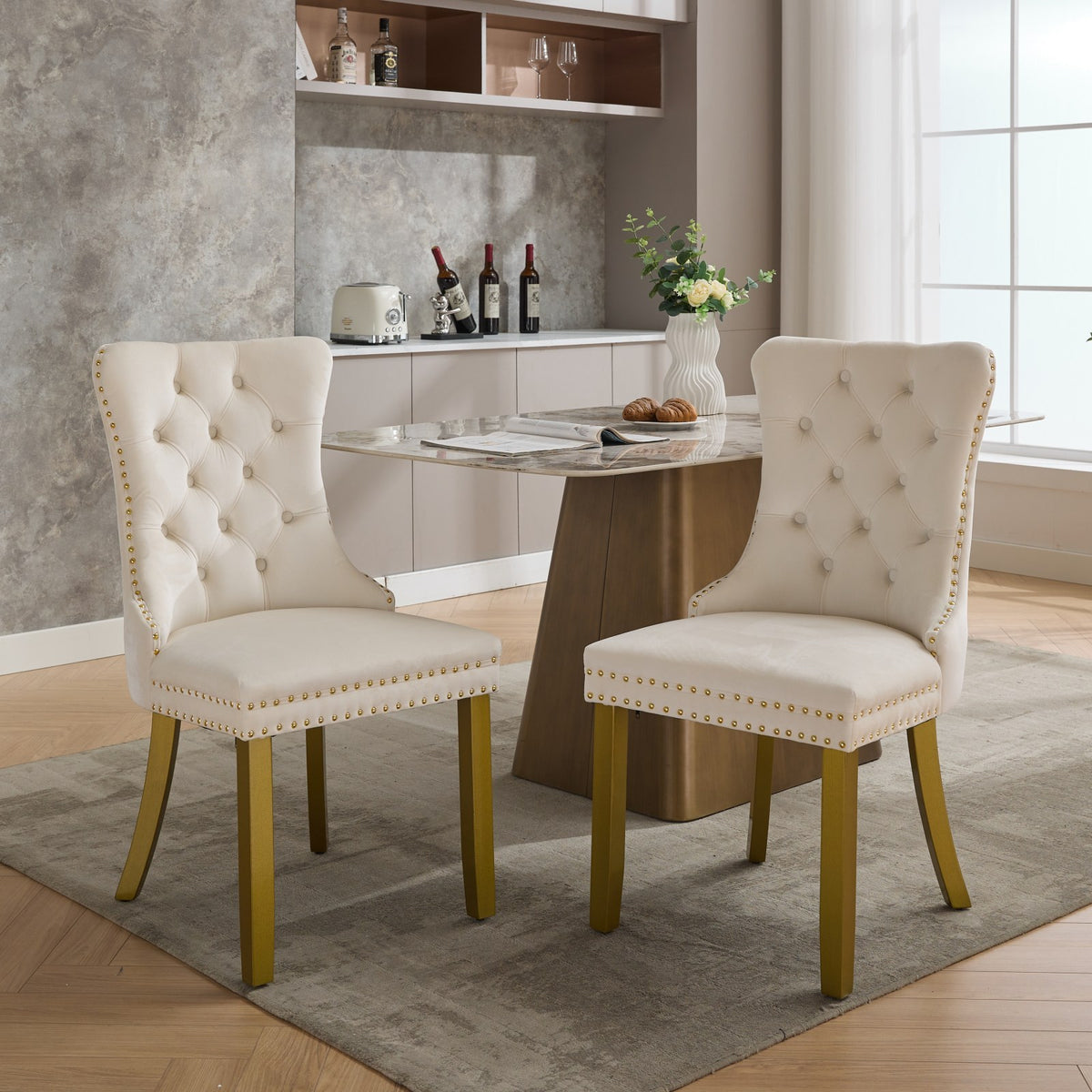 A&A Furniture, Nikki Collection Modern, High-end Tufted Solid Wood Contemporary Velvet Upholstered Dining Chair with golden Wood Legs Nailhead Trim 2-Pcs Set, Milky White,SW1401MW - Grand Goldman Shop
