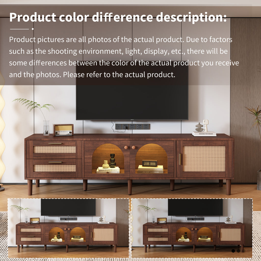 Dark Brown Rattan-inspired TV Stand with 3 Cabinets & 2 Drawers, LED Light Media Console for TVs up to 80'', MDF & Solid Wood Construction - Grand Goldman Shop