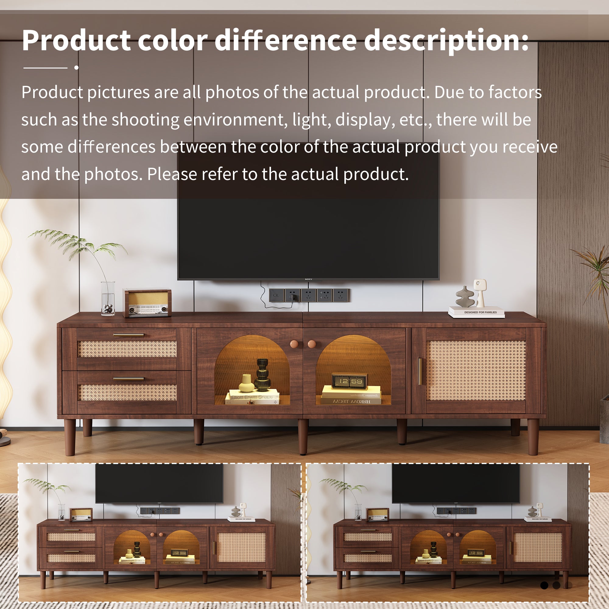 Dark Brown Rattan-inspired TV Stand with 3 Cabinets & 2 Drawers, LED Light Media Console for TVs up to 80'', MDF & Solid Wood Construction - Grand Goldman Shop