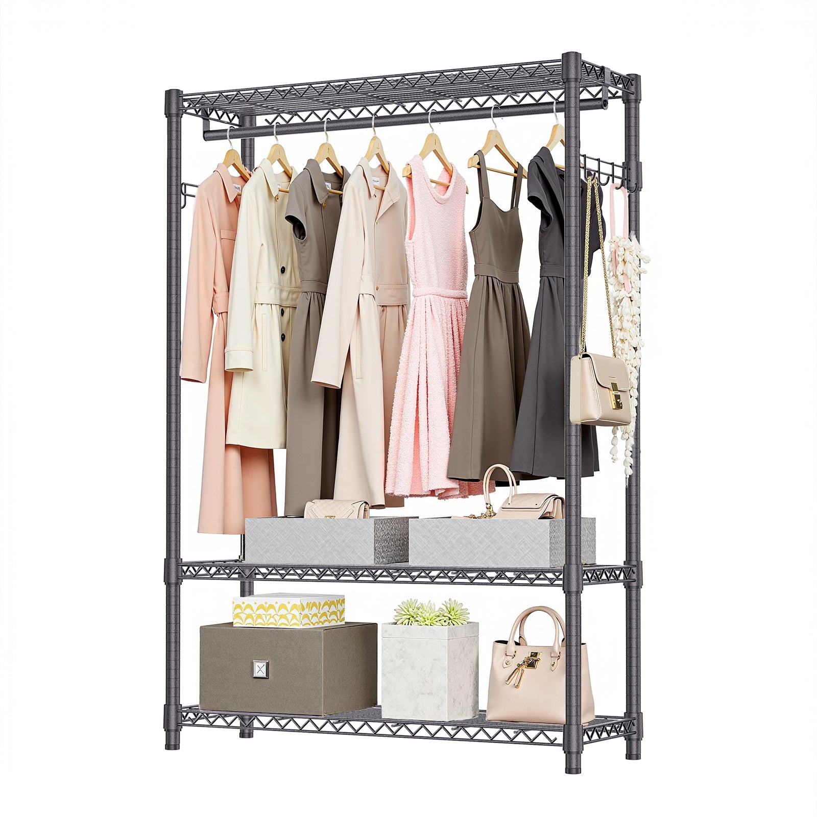 Heavy Duty Garment Rack, Freestanding Clothing Rack for Hanging Clothes with 1 Rod, 3 Tiers & Side Hooks, Adjustable Metal Wardrobe Closet Organizer, 45.3' W x 15.7' D x 72.4' H, Dark Grey - Grand Goldman Shop