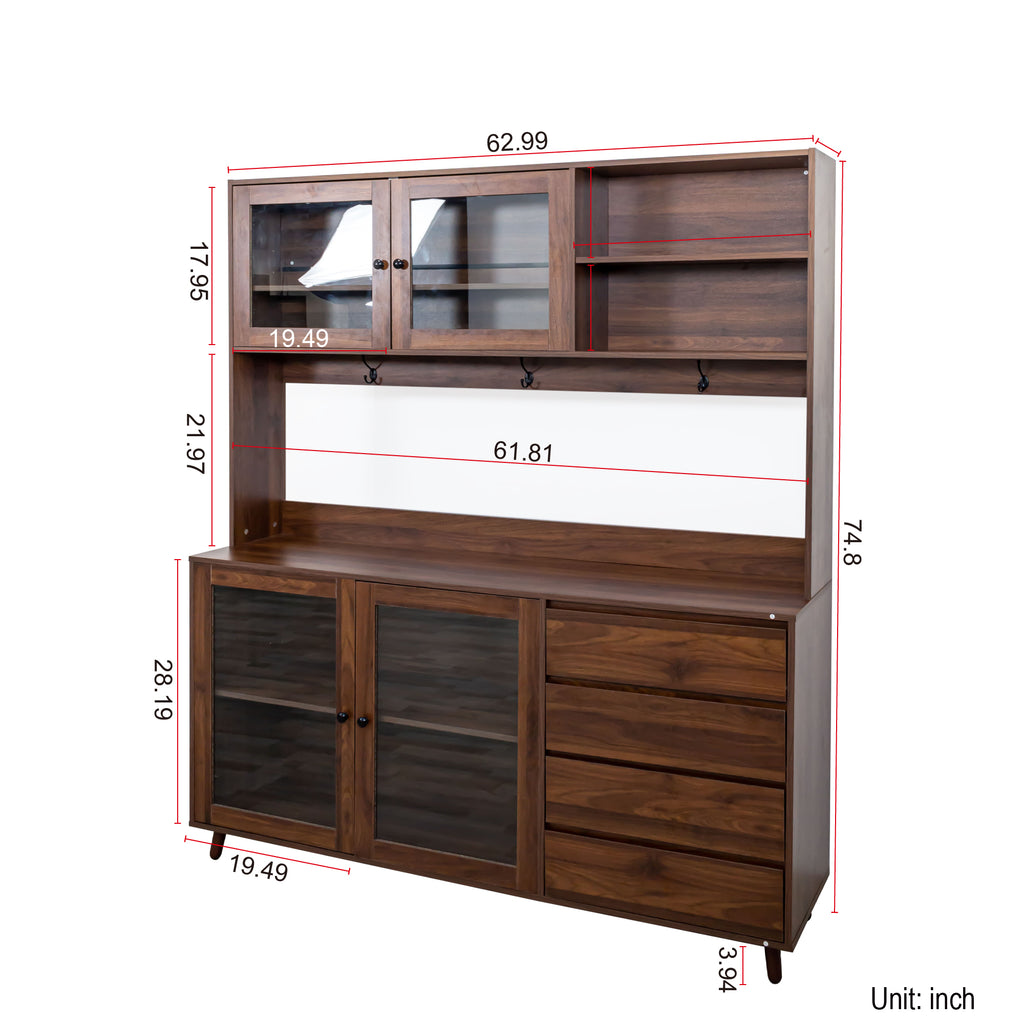 63' W Large Kitchen Hutch Cabinet, Freestanding Pantry Cabinets Storage Kitchen Cupboard with 4 Doors, 4 Drawers & Microwave Shelf, Walnut - Grand Goldman Shop
