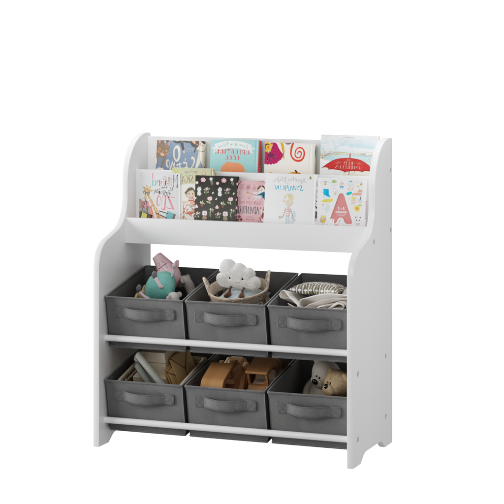 Kids Bookshelf with 6 Fabric Storage Bins, Multi-Functional Children's Bookcase and Toy Organizer, Front-Facing Display Shelf