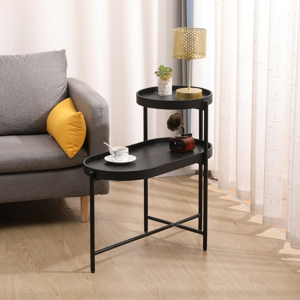 2-Tier Black Side Table with Storage Sofa Table for Living Room Metal Frame & Wooden Desk End Table - Grand Goldman Shop