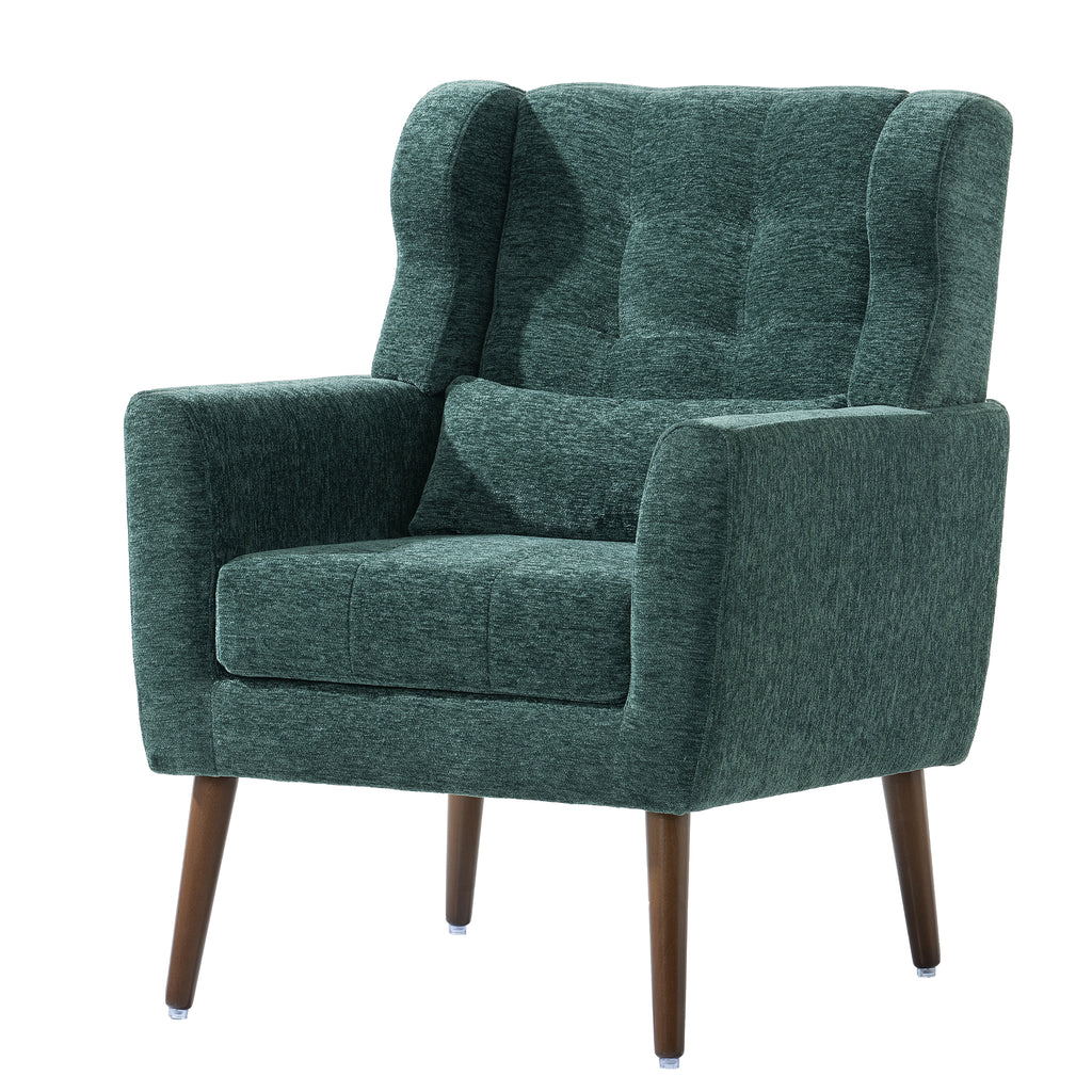 Modern Accent Chair,Chenille Arm Chairs for Living Room,Upholstered Mordern Armchair,Comfy Soft Padded Lounge Chair in Small Space, Bedroom, w/Pillow, Solid Wood Leg (Blackish Green) - Grand Goldman Shop