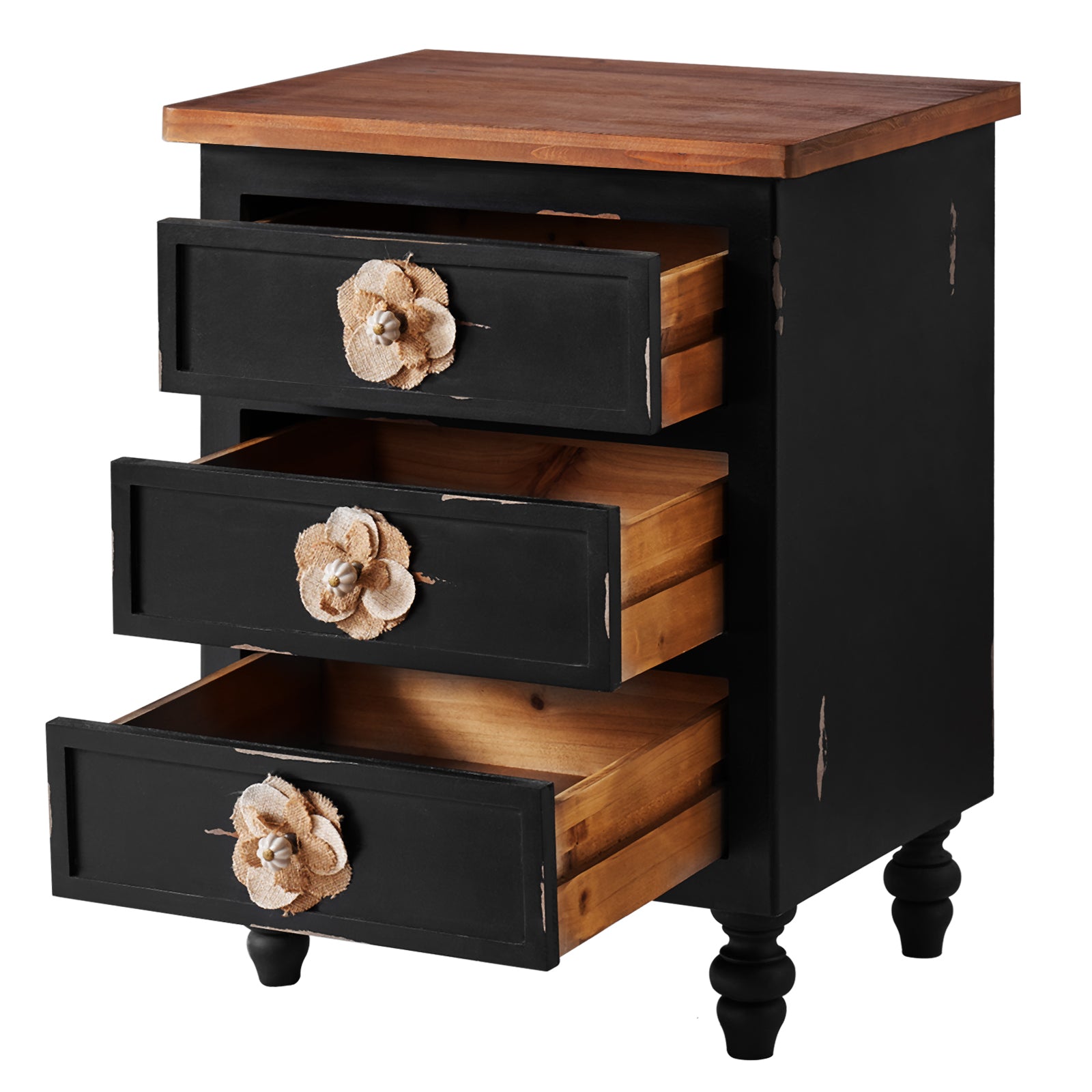 Vintage Farmhouse End Table with Floral Knobs – 19' Rustic Nightstand with 3 Drawers Gourd Legs,Bedside or Sofa Accent Table, Almost Fully Assembled, Black - Grand Goldman Shop