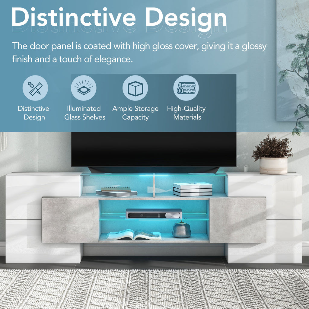 ON-TREND Unique Shape TV Stand with 2 Illuminated Glass Shelves, High Gloss Entertainment Center for TVs Up to 88', Versatile TV Cabinet with LED Color Changing Lights for Living Room, Grey - Grand Goldman Shop