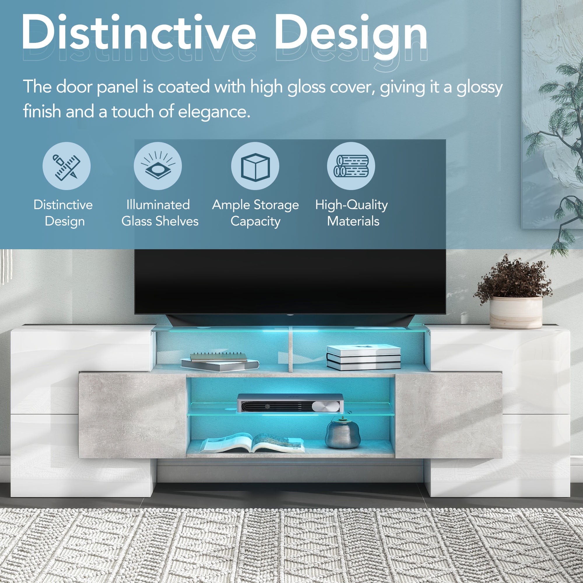 ON-TREND Unique Shape TV Stand with 2 Illuminated Glass Shelves, High Gloss Entertainment Center for TVs Up to 88', Versatile TV Cabinet with LED Color Changing Lights for Living Room, Grey - Grand Goldman Shop