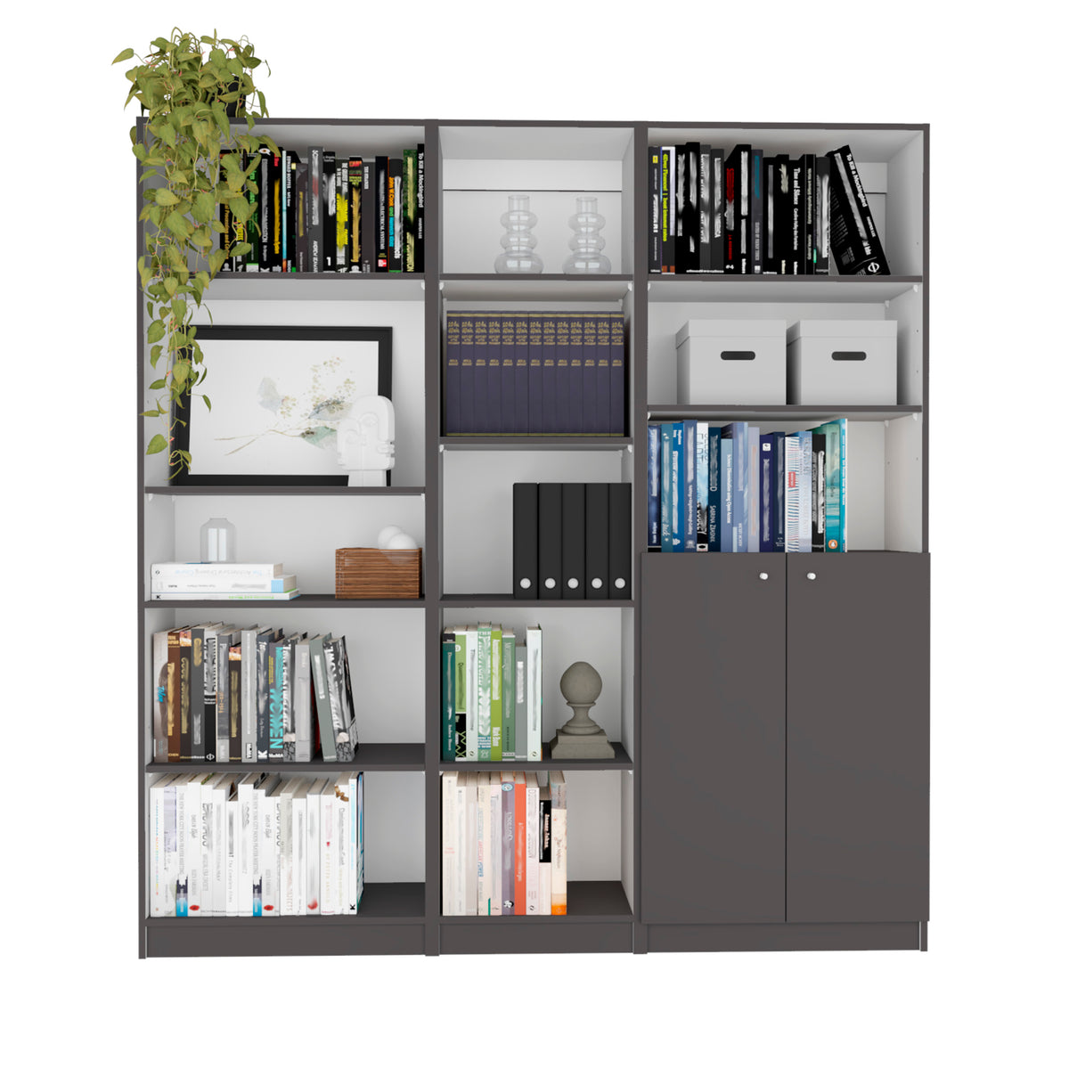 Poston 3 Piece Home Bookcase set, 67' Wide with 13 Shelves and 2-door Cabinet ,  Living Room Set  Matt Gray / White | Premium