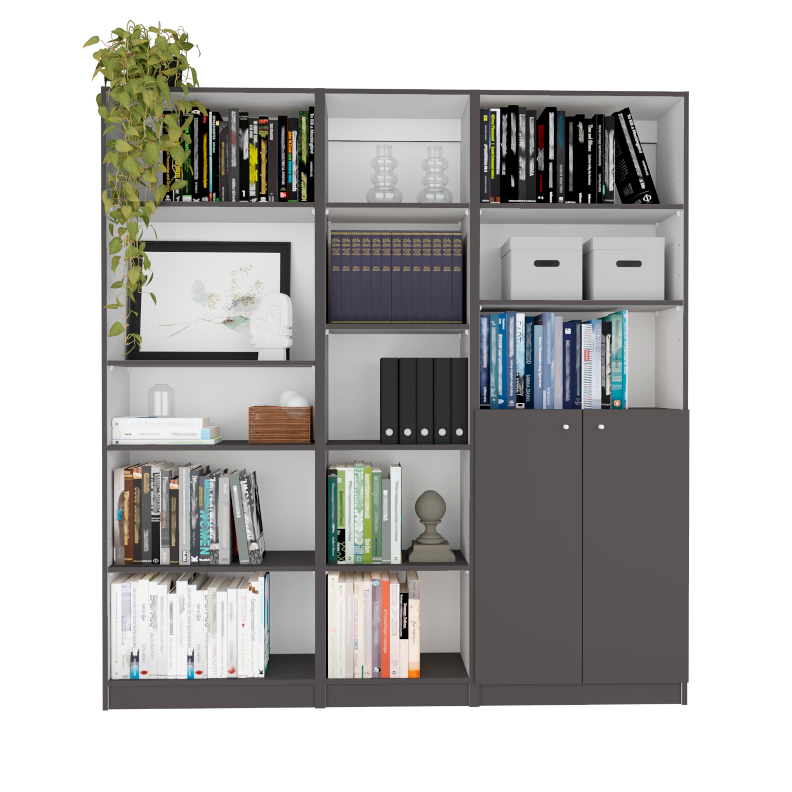 Poston 3 Piece Home Bookcase set, 67' Wide with 13 Shelves and 2-door Cabinet ,  Living Room Set  Matt Gray / White | Premium
