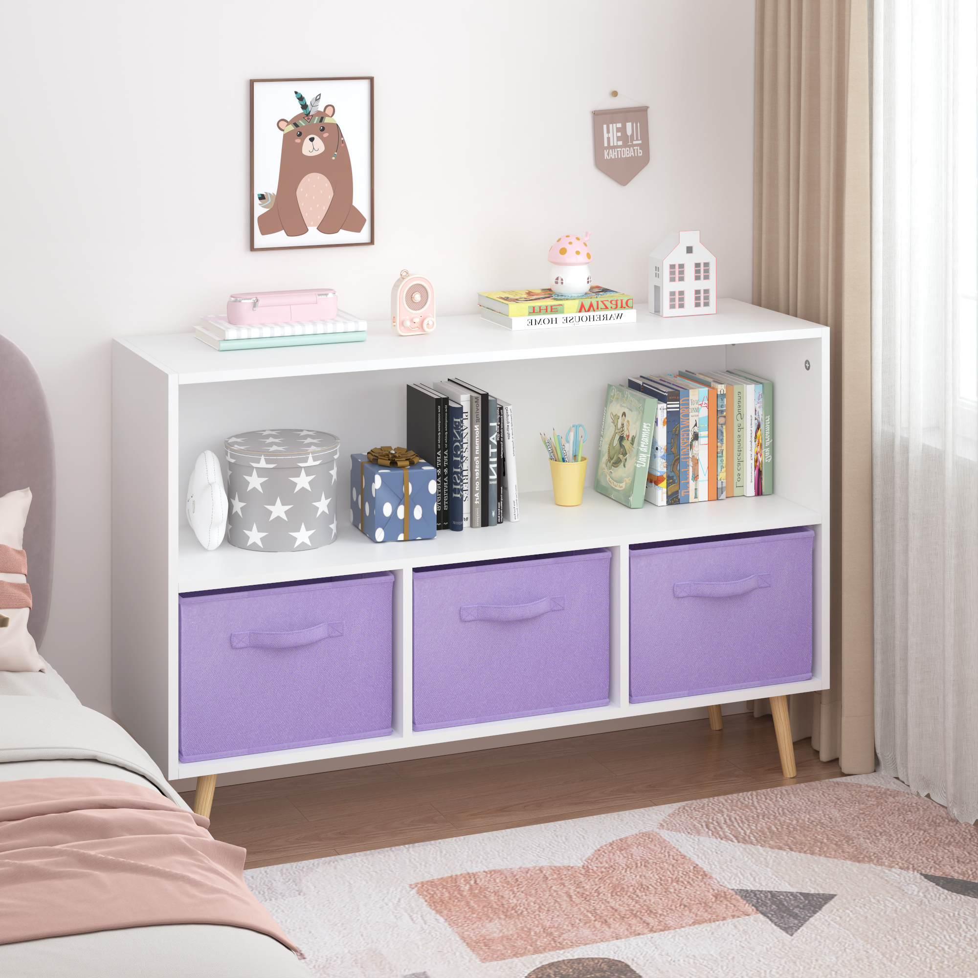 Kids Bookcase with Collapsible Fabric Drawers, Children's Book Display Organizer in White and Purple, MDF with Pine Legs - Gr