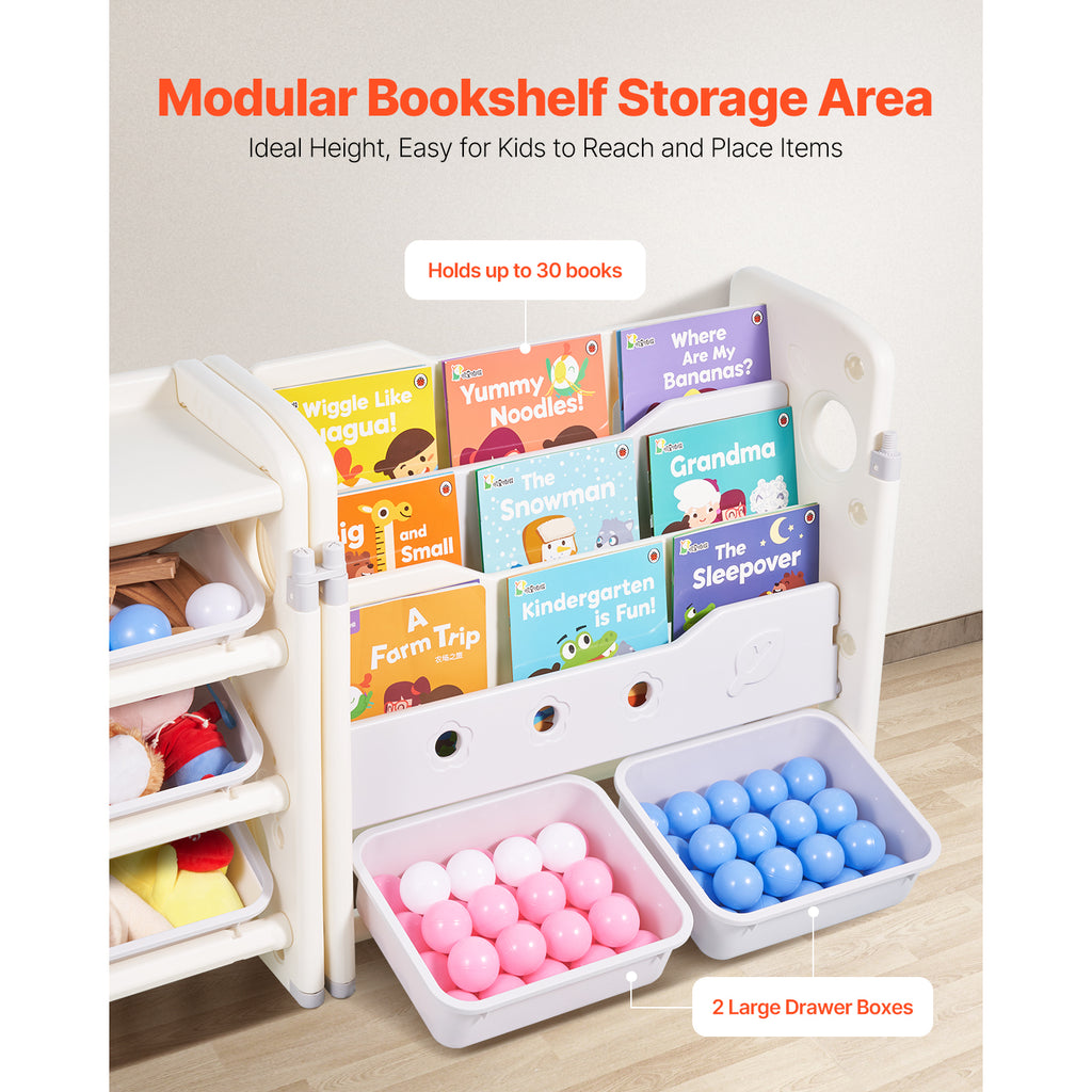 Kids Toy Storage with Bookshelf, 4-Tier Toy Storage Organizer with 10 Movable Plastic Bins, Kids Cubby Cabinet with Bookshelf