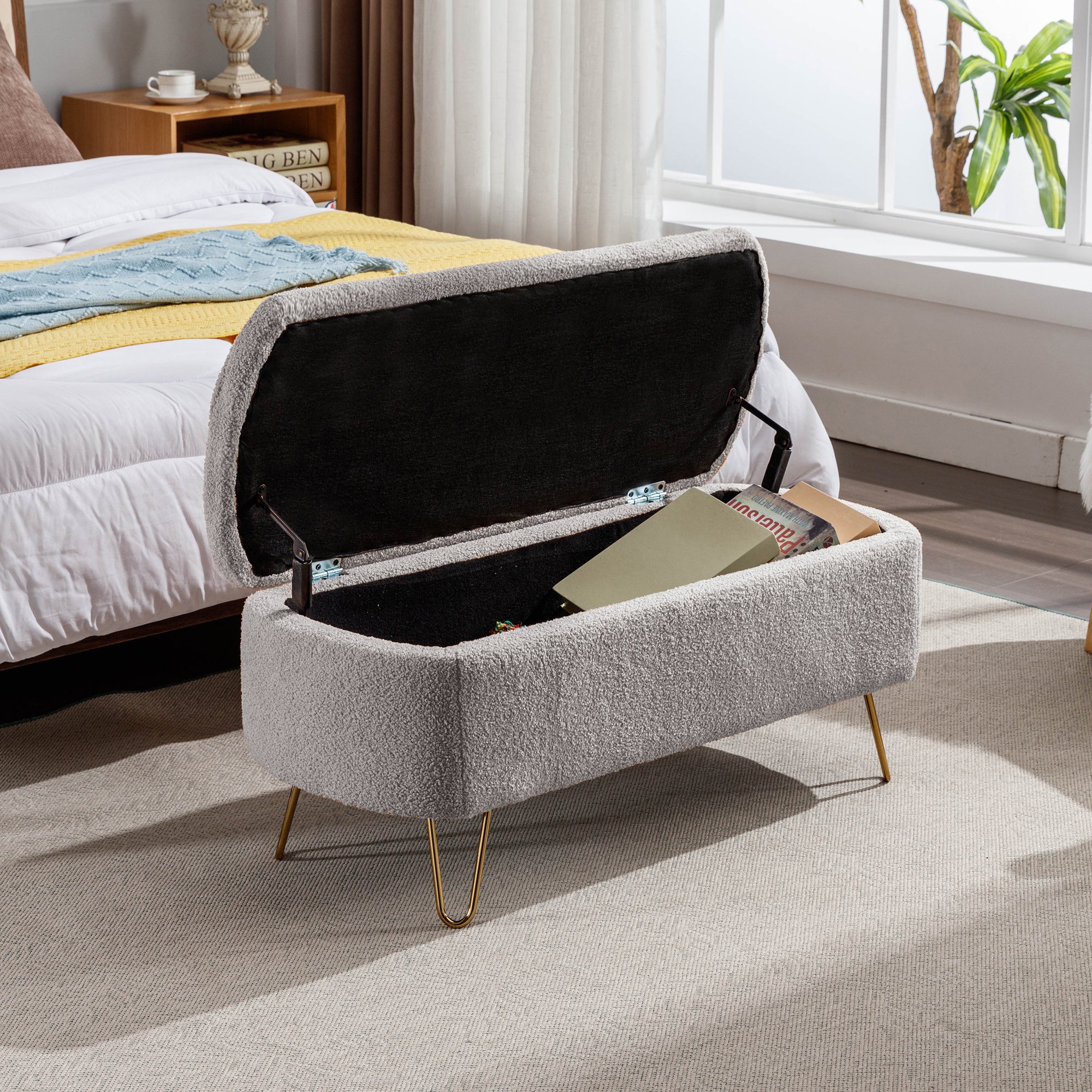 Grey Storage Ottoman Bench for End of Bed Gold Legs, Modern Grey Faux Fur Entryway Bench Upholstered Padded with Storage for Living Room Bedroom - Grand Goldman Shop