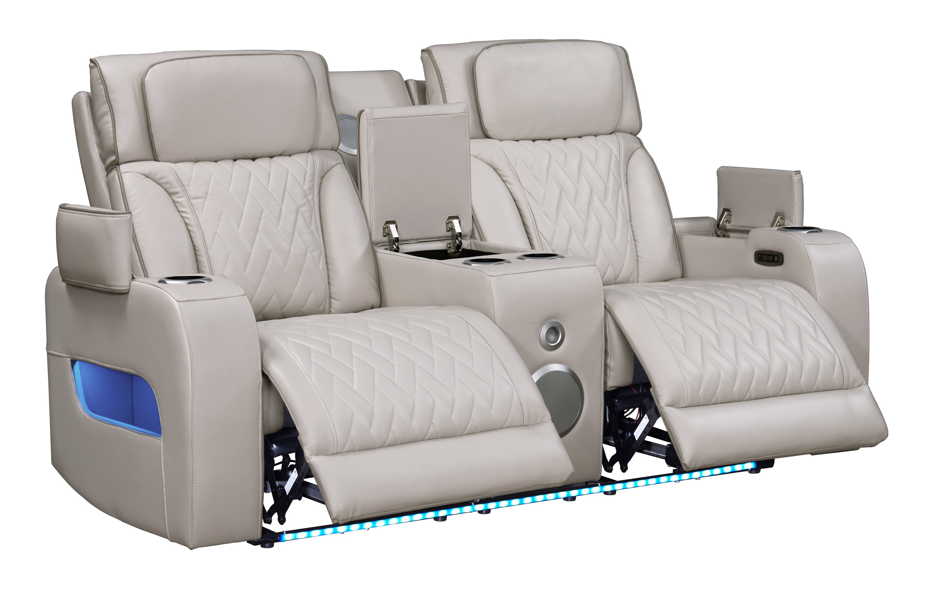Jazz Ice Leather Aire Transformer Power Reclining Sofa & Loveseat Living Room Set w/Power Headrest, Bluetooth Speakers, LED Lights, Wireless Charging Drop-Down Table, USB Ports, Storage & Cupholders - Grand Goldman Shop