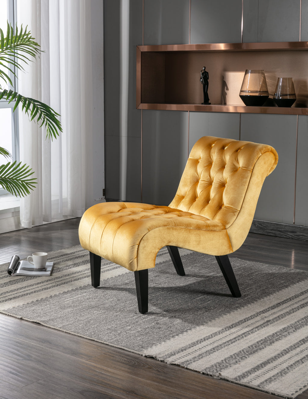 COOLMORE Modern Velvet Armless Accent Living Room Chair / Leisure Chair,Upholstered Fabric Button Comfortable Chair with Wooden Legs for Bedroom, Living Room, Office (Mustard Velvet) - Grand Goldman Shop
