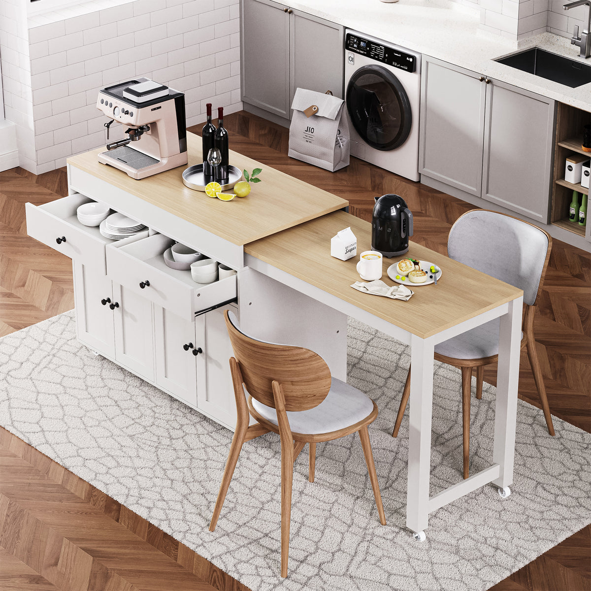 K&K 74.5 inch Kitchen Island with Extendable Dining Table , Rolling Kitchen Island on Wheels with Spice Rack and 2 Drawers, 4 Door Cabinet, for Kitchen, Dining Room, White (One Package) - Grand Goldman Shop