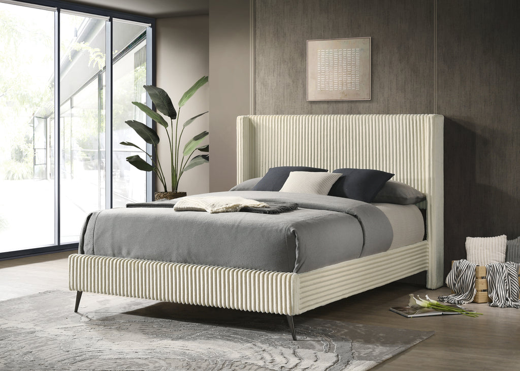 Mavela Wide Wale Corduroy Upholstery Panel Queen Bed with 2 Nightstands, Cream - Grand Goldman Shop