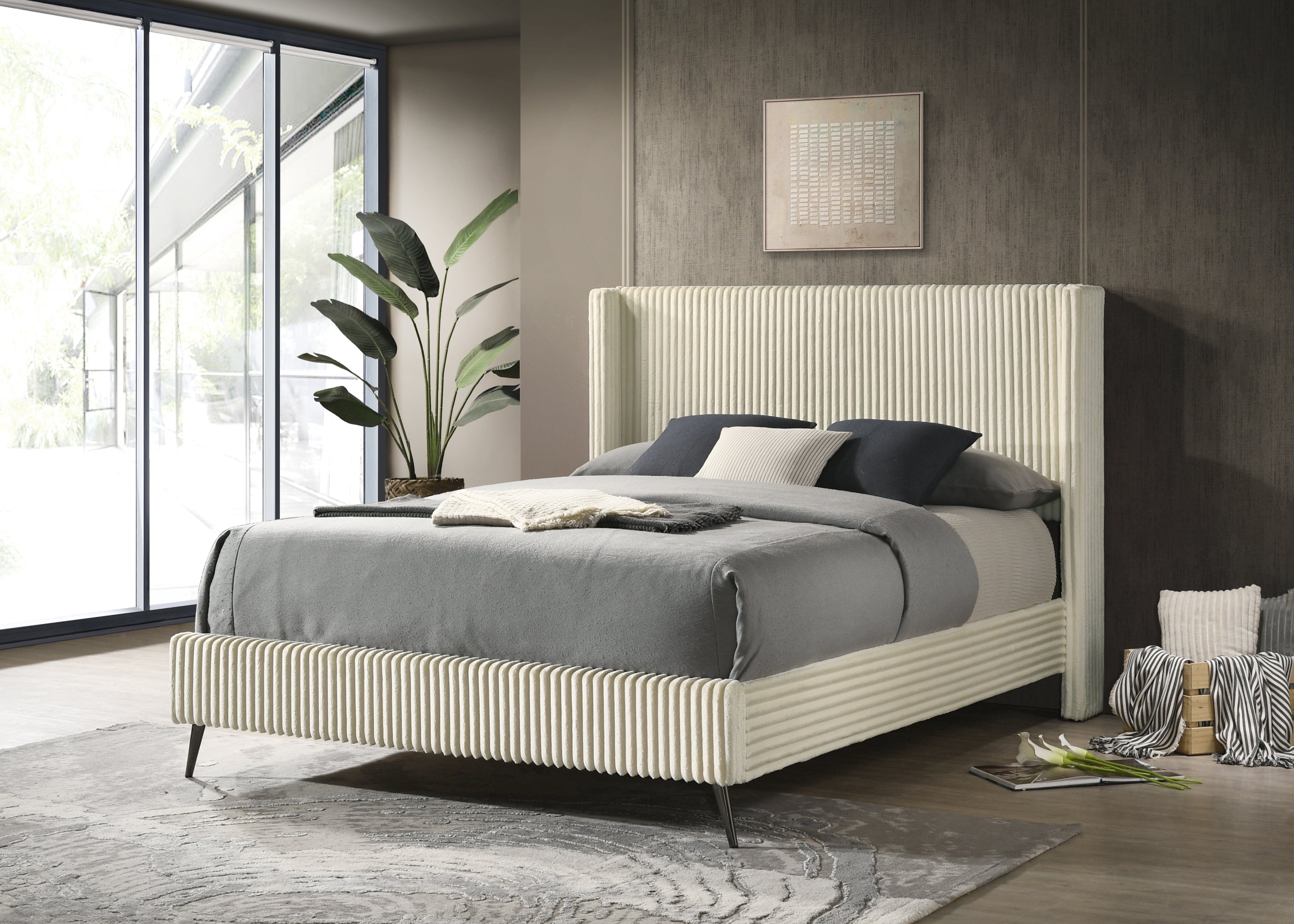 Mavela Wide Wale Corduroy Upholstery Panel Queen Bed with 2 Nightstands, Cream - Grand Goldman Shop