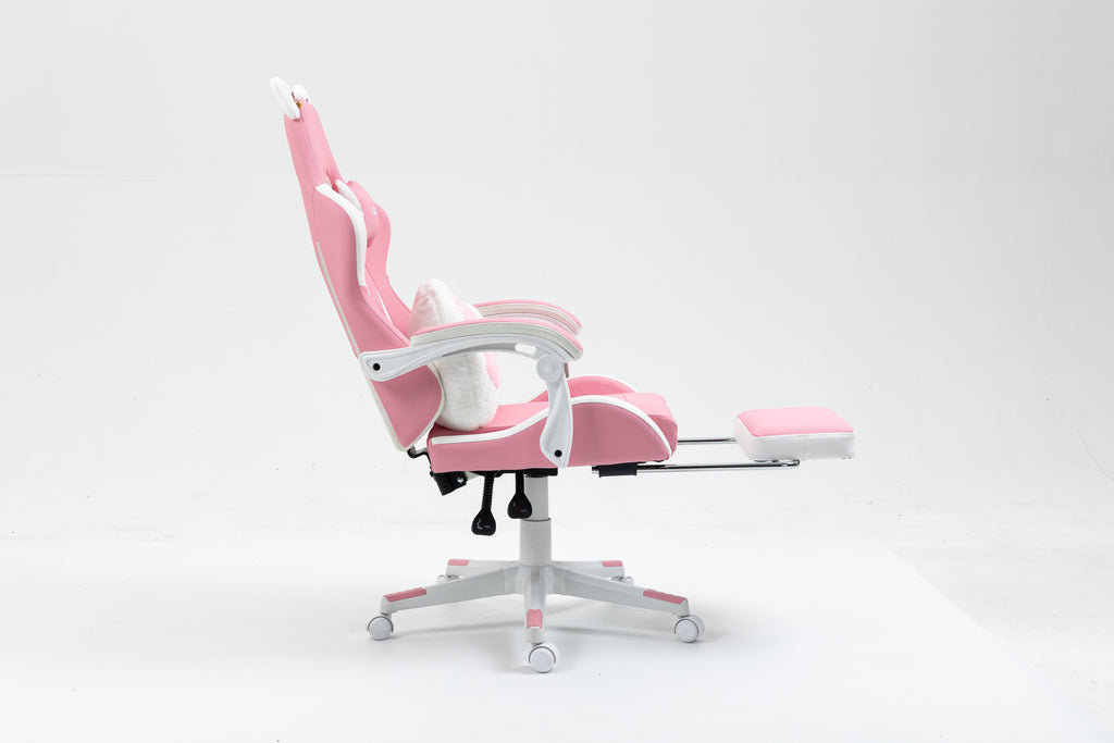 Cat Ears Pink Gaming Chair - Pink PU Leather Ergonomic Reclining Office Chair with Footrest, 310lb Capacity, 6-Position Recli