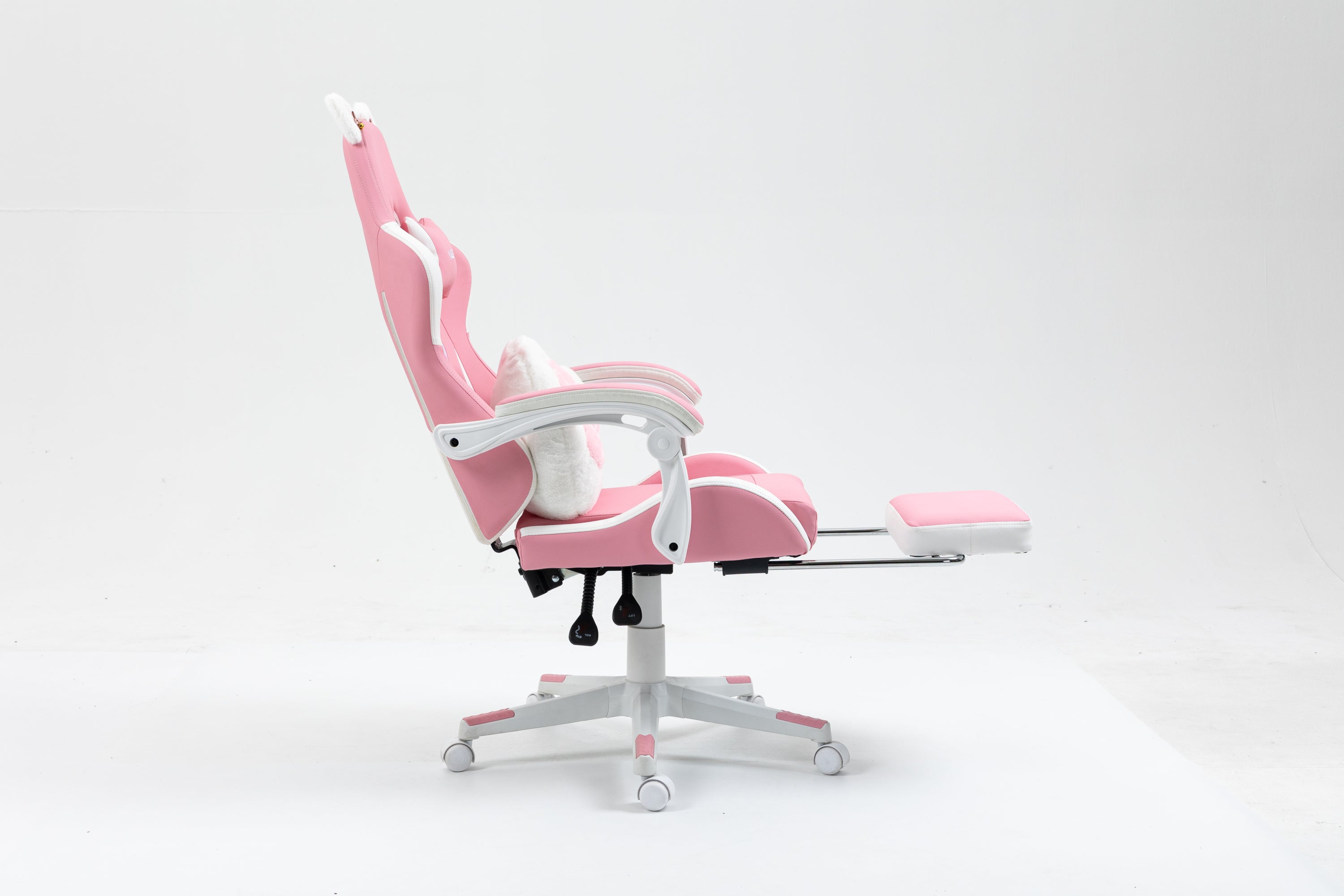 Cat Ears Pink Gaming Chair - Pink PU Leather Ergonomic Reclining Office Chair with Footrest, 310lb Capacity, 6-Position Recli