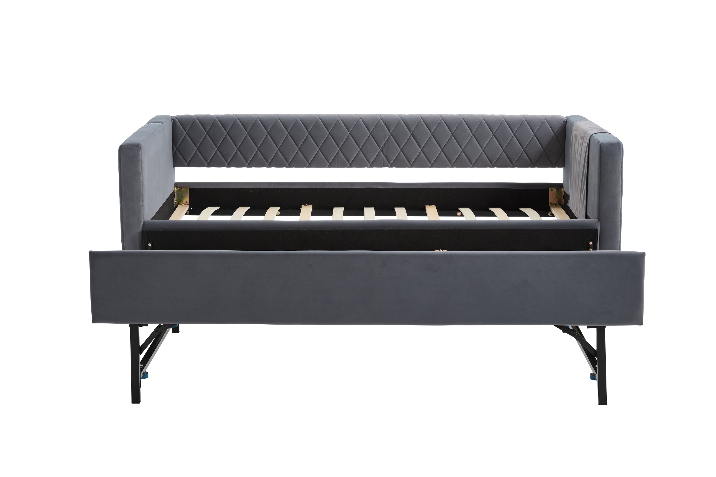 Grey velvet daybed, sturdy wooden bed frame, modern diamond grid pull-out design, perfect for bedroom, living room furniture - Grand Goldman Shop