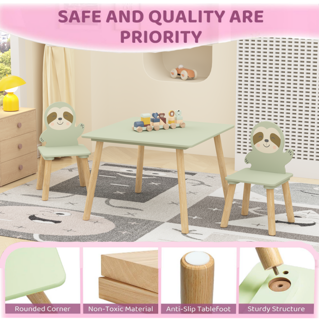 Kids Table and Chair Set with 2 Cute Sloth Chairs, Wooden Toddler Activity Table, Cute Animal Design Play & Study Set for Pla