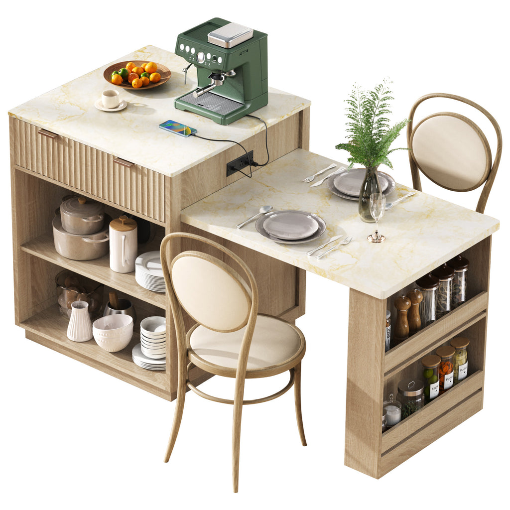 K&K 82.6' Fluted Kitchen Island with Extendable Dining Table for 4-6, Island Table for Kitchen with Power Outlet, Kitchen Table with Double-Side Storage, 2 Drawers 2 Side Open Shelves, Natural - Grand Goldman Shop