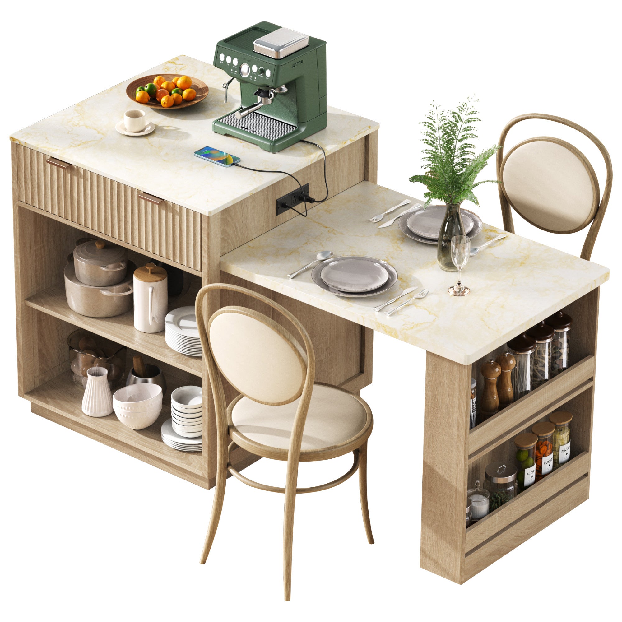 K&K 82.6' Fluted Kitchen Island with Extendable Dining Table for 4-6, Island Table for Kitchen with Power Outlet, Kitchen Table with Double-Side Storage, 2 Drawers 2 Side Open Shelves, Natural - Grand Goldman Shop