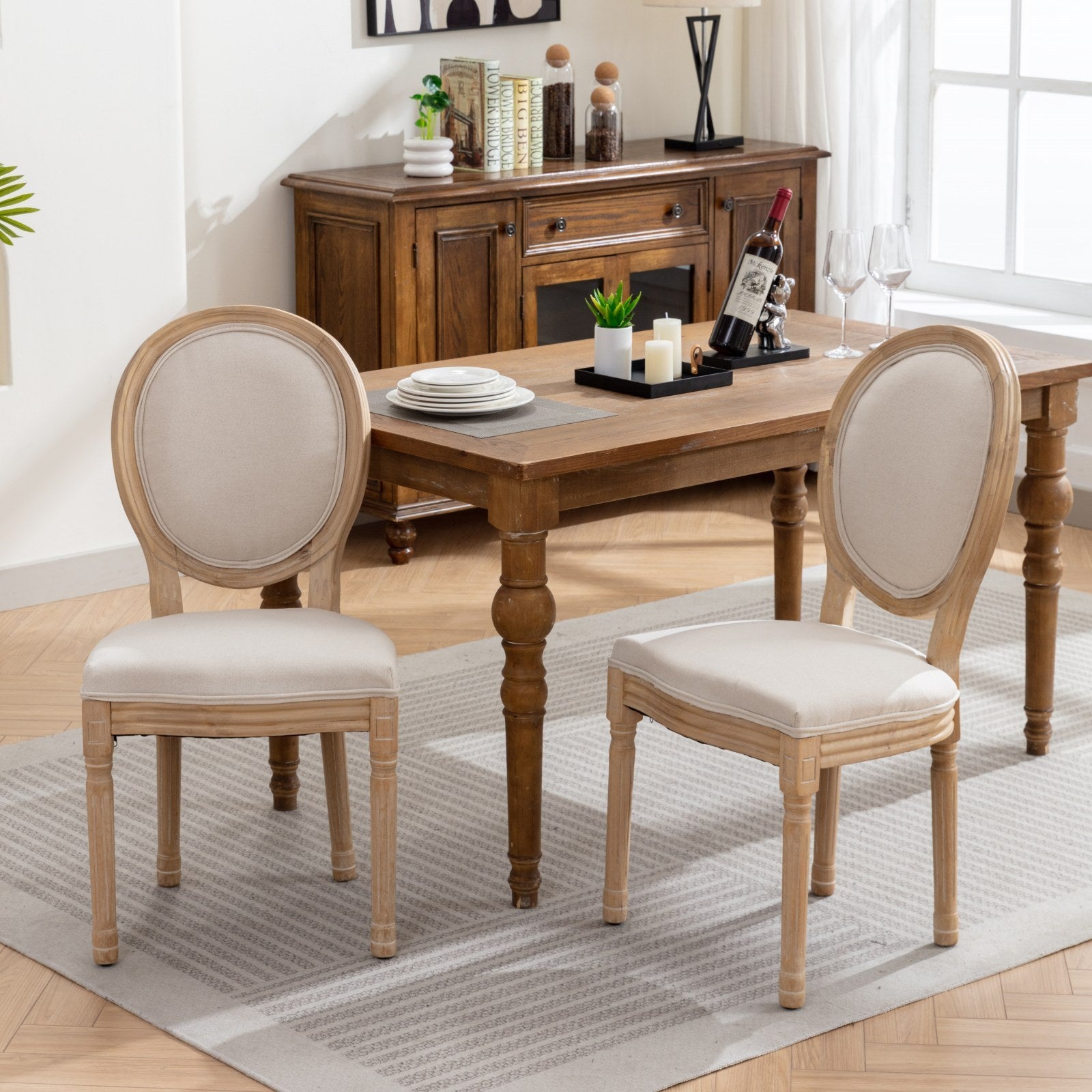 A&A Furniture,French Style Solid Wood Frame Antique Painting Linen Fabric Back Dining Chair,Set of 2,Beige,SW1845BG - Grand Goldman Shop