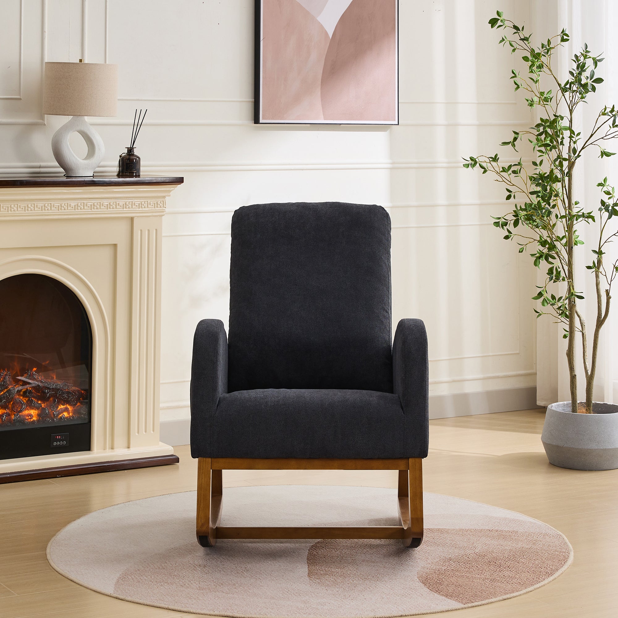 27.2'W Rocking Chair for Nursery, Polyester Glider Chair with High Back and Side Pocket, Rocking Accent Armchair with Rubber Wood Legs for Living Room/Bedroom.Black - Grand Goldman Shop