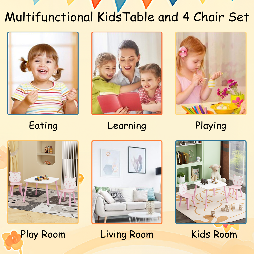 Kids Table and Chair Set, 3-Piece Wooden Toddler Desk with Animal Backrest, Activity Table for Drawing, Learning,Playroom or 