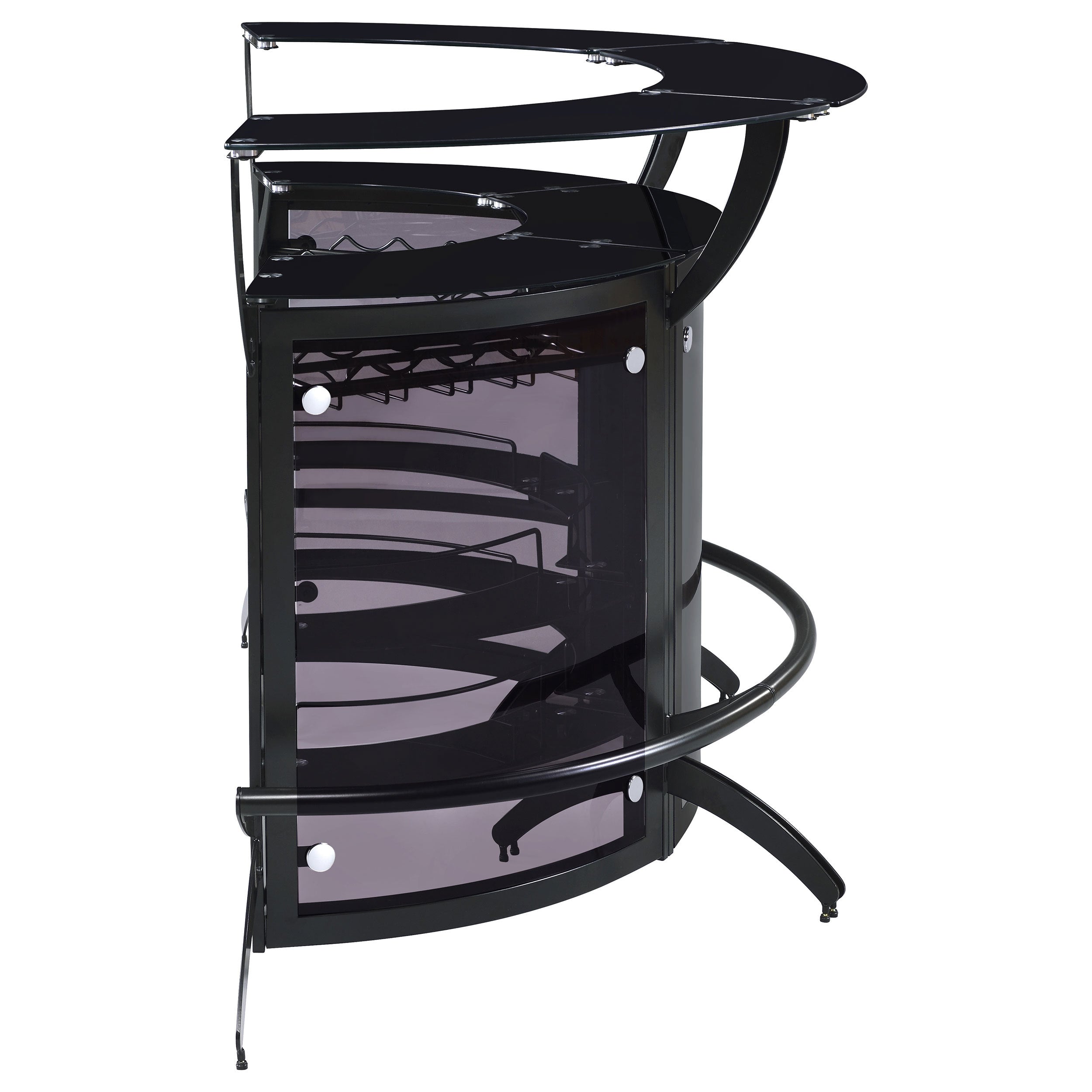 Elaina Black 3-Piece Curved Freestanding Home Bar with Smoked Acrylic Panels and Silver Metal Frame, Black Finish, Glass and Metal Construction - Grand Goldman Shop