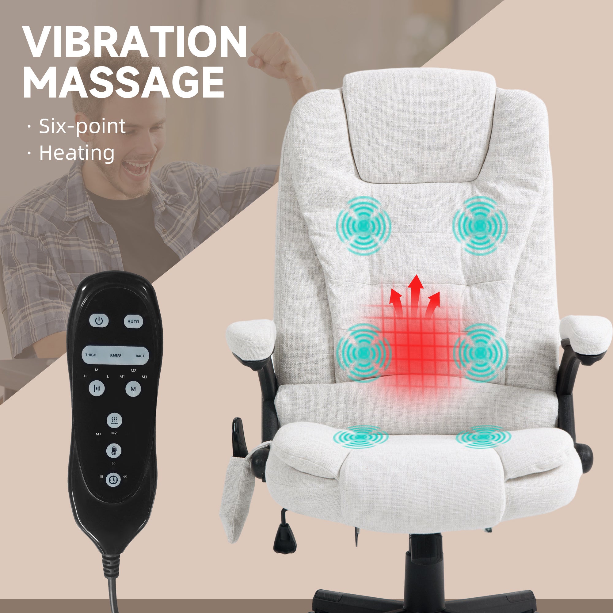 HOMCOM 6 Point Vibrating Massage Office Chair with Heat, Linen High Back Executive Office Chair with Reclining Backrest, Padd