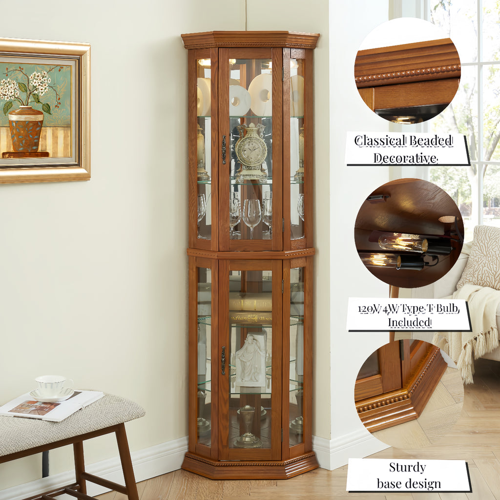 Corner Curio Cabinet Lighted Corner Display, Glass Display Shelf Shelving Bar cabinet with Tempered Glass Door, Bar Cabinet,Cabinet with Adjustable Shelf Glass Cabinet Shelves Bead Bulb Included OAK - Grand Goldman Shop