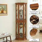 Corner Curio Cabinet Lighted Corner Display, Glass Display Shelf Shelving Bar cabinet with Tempered Glass Door, Bar Cabinet,Cabinet with Adjustable Shelf Glass Cabinet Shelves Bead Bulb Included OAK - Grand Goldman Shop