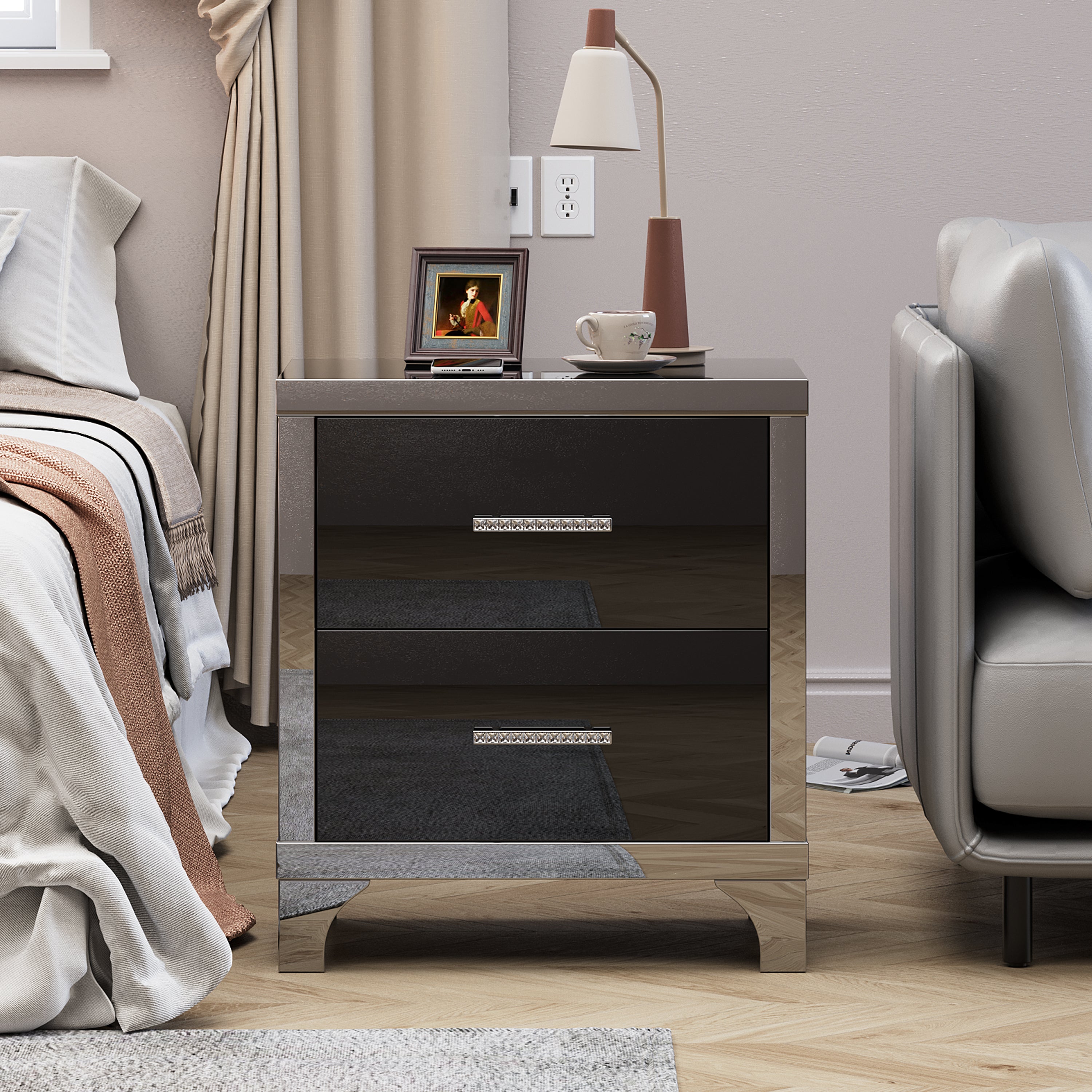 High Gloss Mirrored Nightstand with 2 Drawers,Modern End Table with Drawers,Mirrored High Gloss Wood Nightstand Metal Handle Bedside End Table for Bedroom, Dorm,Living Room,Black - Grand Goldman Shop