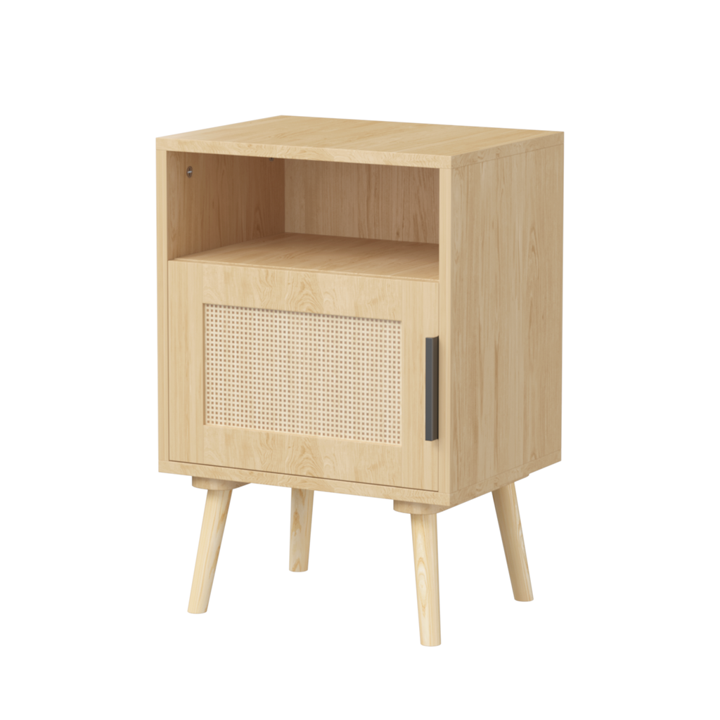 Oak Finish Rattan Nightstand with Solid Wood Legs, 22.83'' H Side Table with Door and Open Shelf for Bedroom, Dorm, and Small Spaces - Grand Goldman Shop