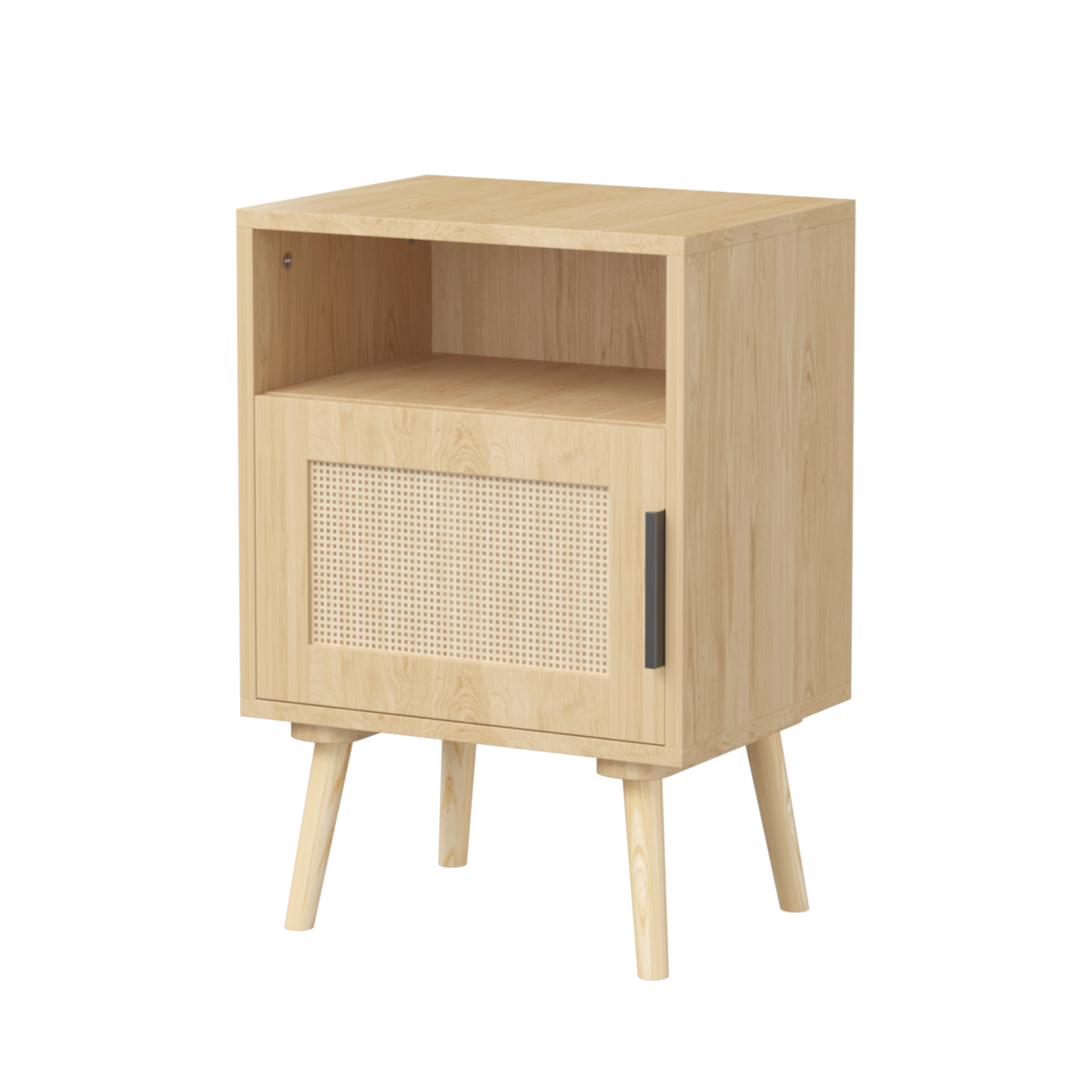 Oak Finish Rattan Nightstand with Solid Wood Legs, 22.83'' H Side Table with Door and Open Shelf for Bedroom, Dorm, and Small Spaces - Grand Goldman Shop