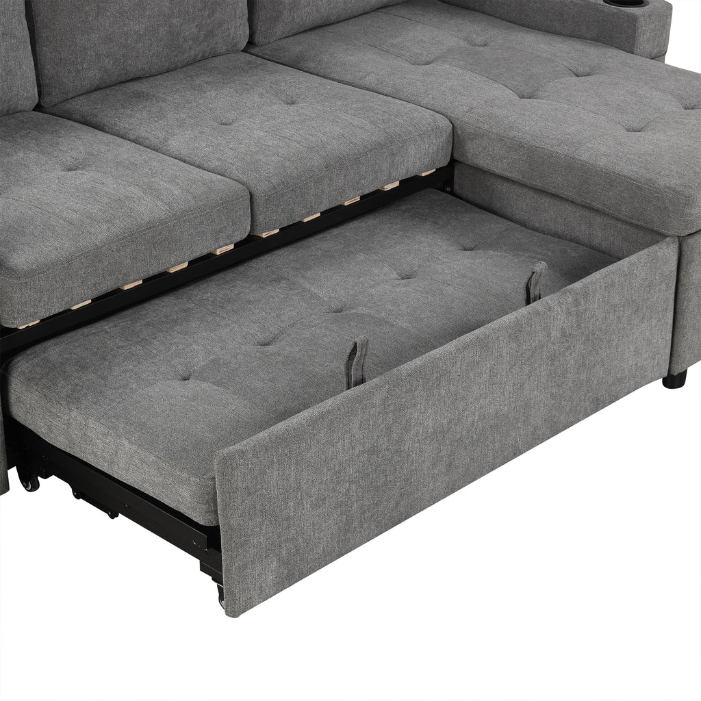 Modern L-shaped Convertible Sofa Bed with Storage, Cup Holders, USB Ports, Gray Chenille, 83.5' - Grand Goldman Shop