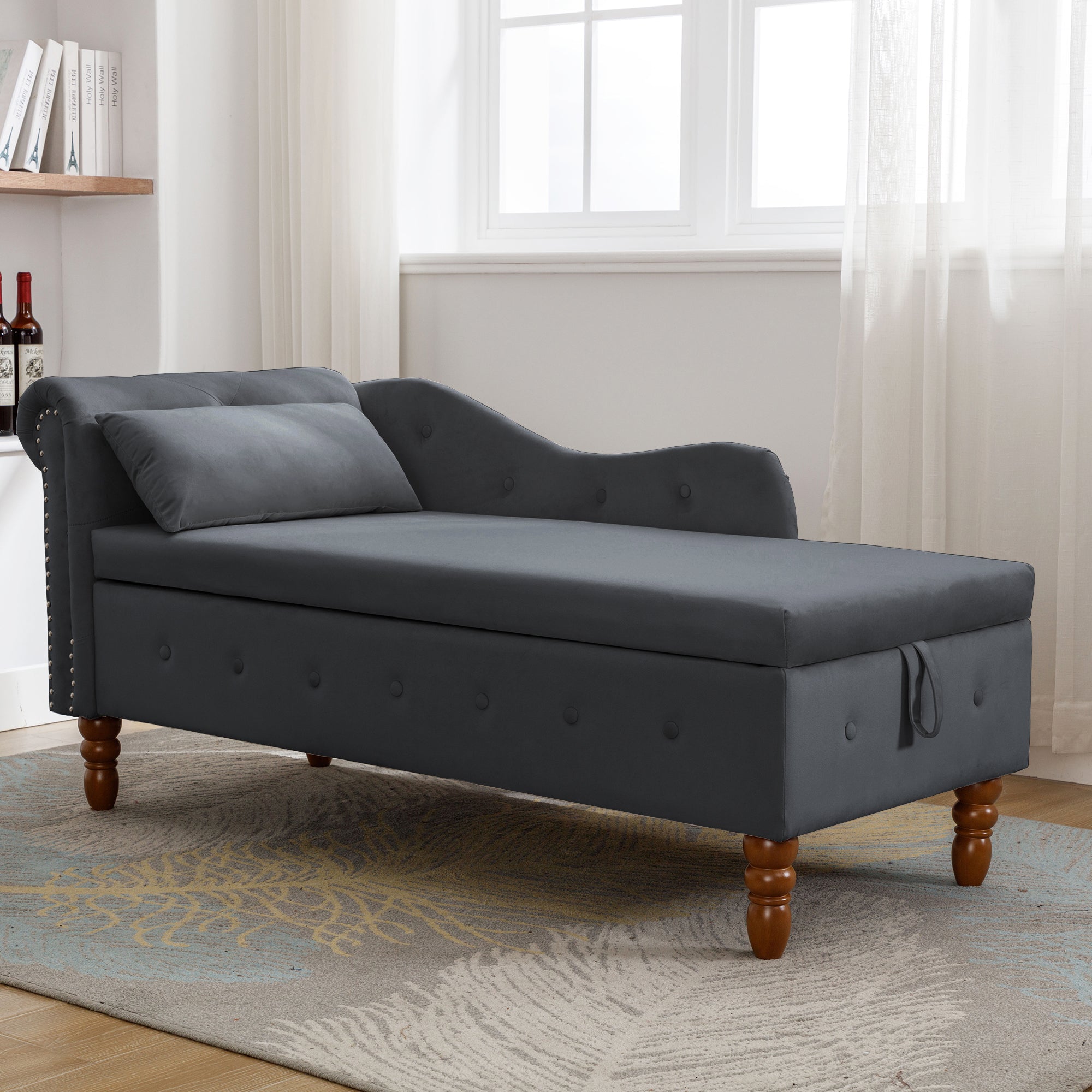 Black Chaise Lounge Indoor, Velvet Lounge Chair for Bedroom with Storage & Pillow, Modern Upholstered Rolled Arm Chase Lounge for Sleeping with Nailhead Trim for Living Room Bedroom Office - Grand Goldman Shop