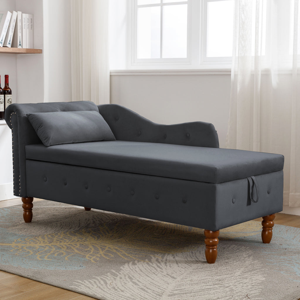 Black Chaise Lounge Indoor, Velvet Lounge Chair for Bedroom with Storage & Pillow, Modern Upholstered Rolled Arm Chase Lounge for Sleeping with Nailhead Trim for Living Room Bedroom Office - Grand Goldman Shop