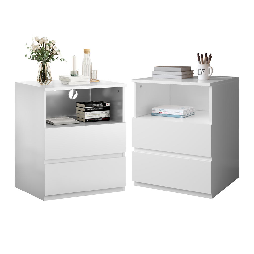 (Set of 2)End Table with Fast USB C Charging Station, Sofa Side Table with 2 Drawers, Large Storage Modern Wood Storage Cabinet for Living Room,Bedroom,Office, White - Grand Goldman Shop