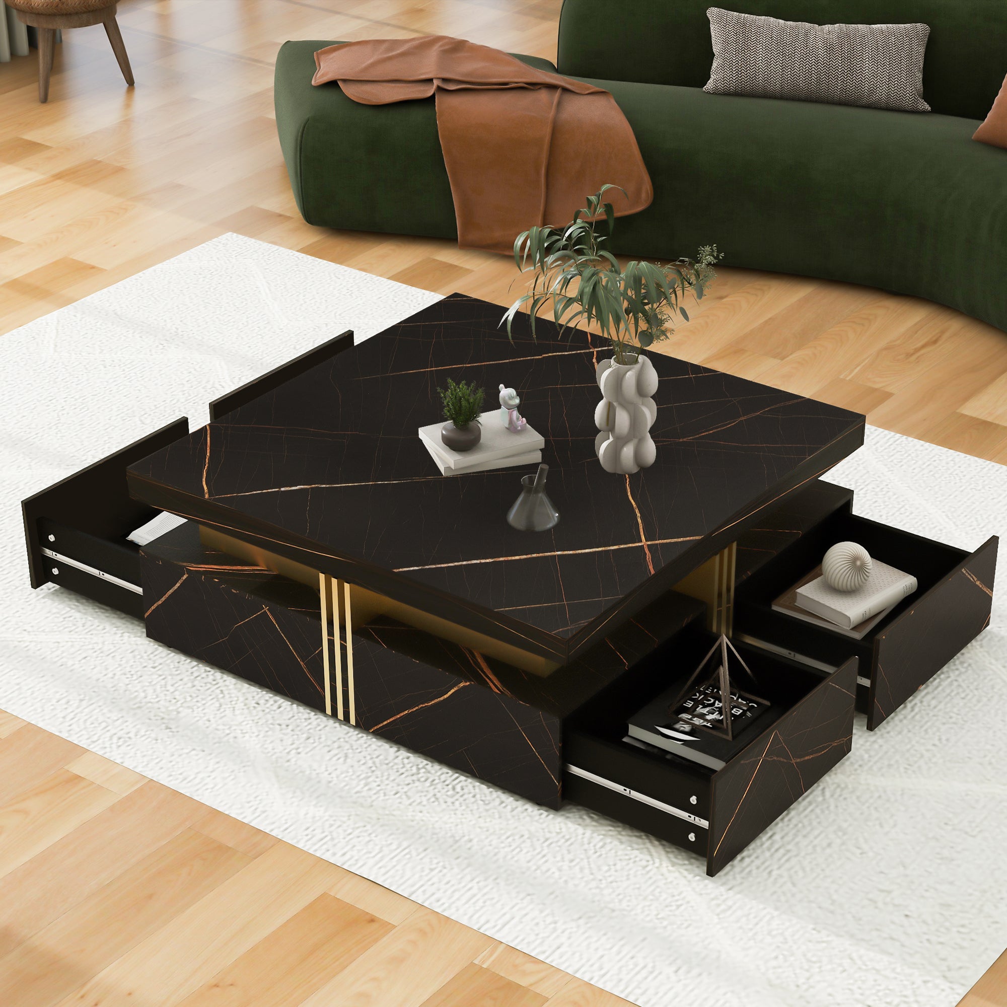 Modern Black Square Storage Coffee Table With 4 Drawers - Grand Goldman Shop
