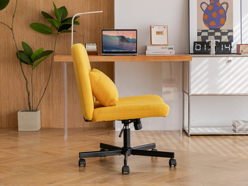 Yellow Linen Criss Cross Armless Office Chair with Wheels - Modern Comfort for Home Office, Meditation & Makeup Spaces - Gran
