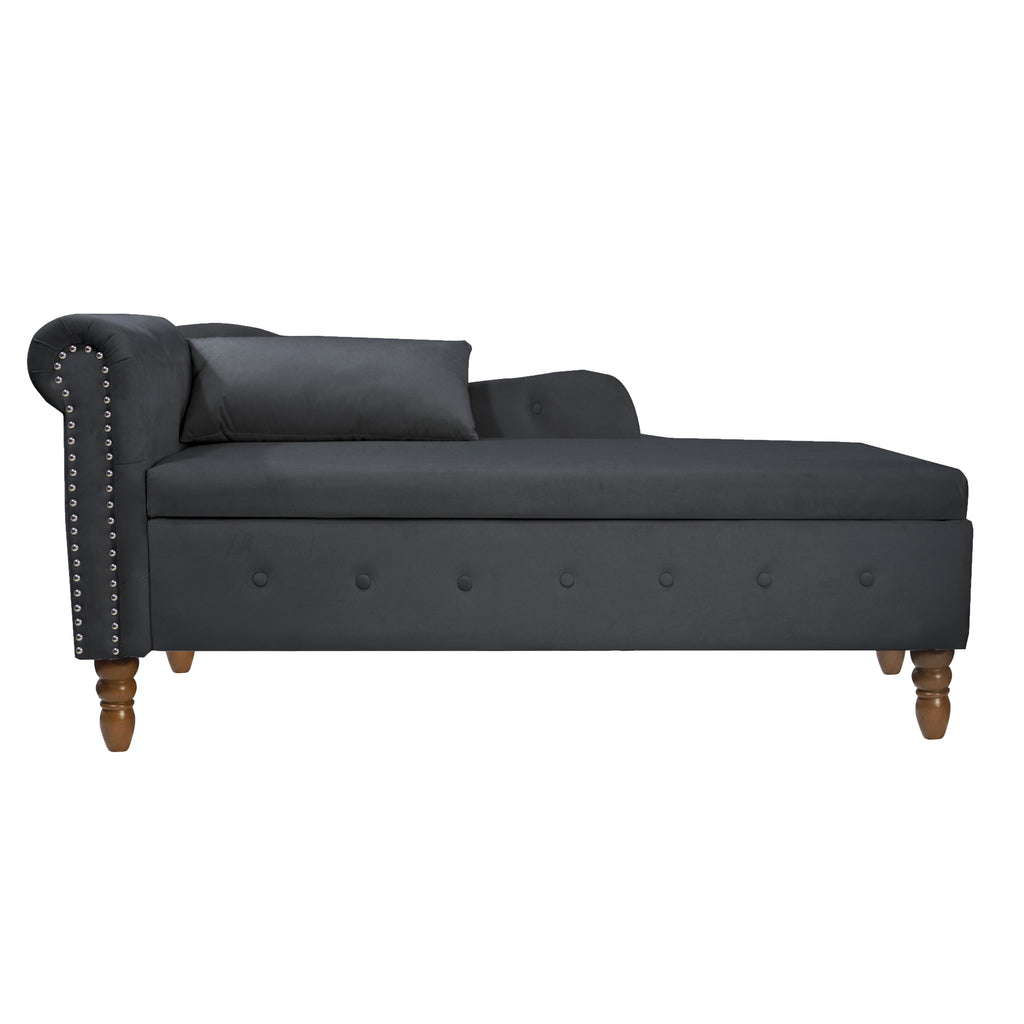Black Chaise Lounge Indoor, Velvet Lounge Chair for Bedroom with Storage & Pillow, Modern Upholstered Rolled Arm Chase Lounge for Sleeping with Nailhead Trim for Living Room Bedroom Office - Grand Goldman Shop
